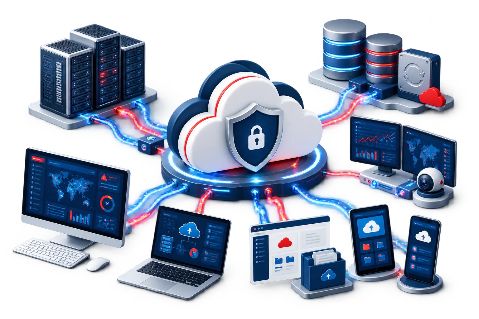 Secure cloud infrastructure with redundant services monitoring and connected applications