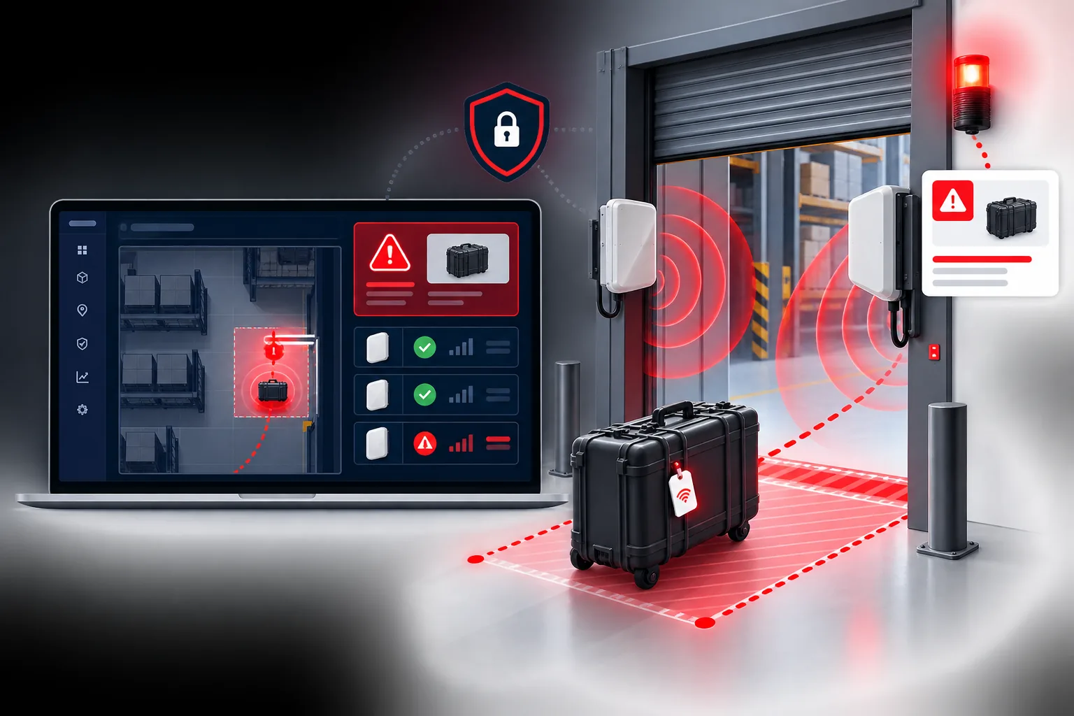 RFID readers detecting an unauthorized tagged asset at a warehouse exit