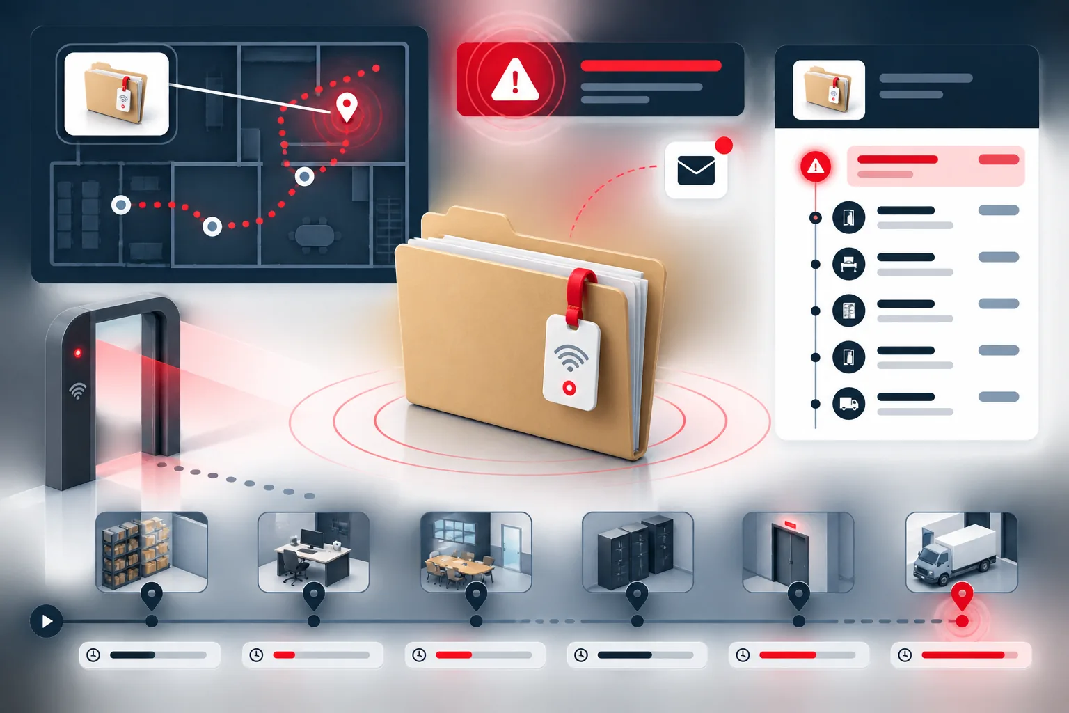 RFID chain-of-custody timeline with file watch alert and location history