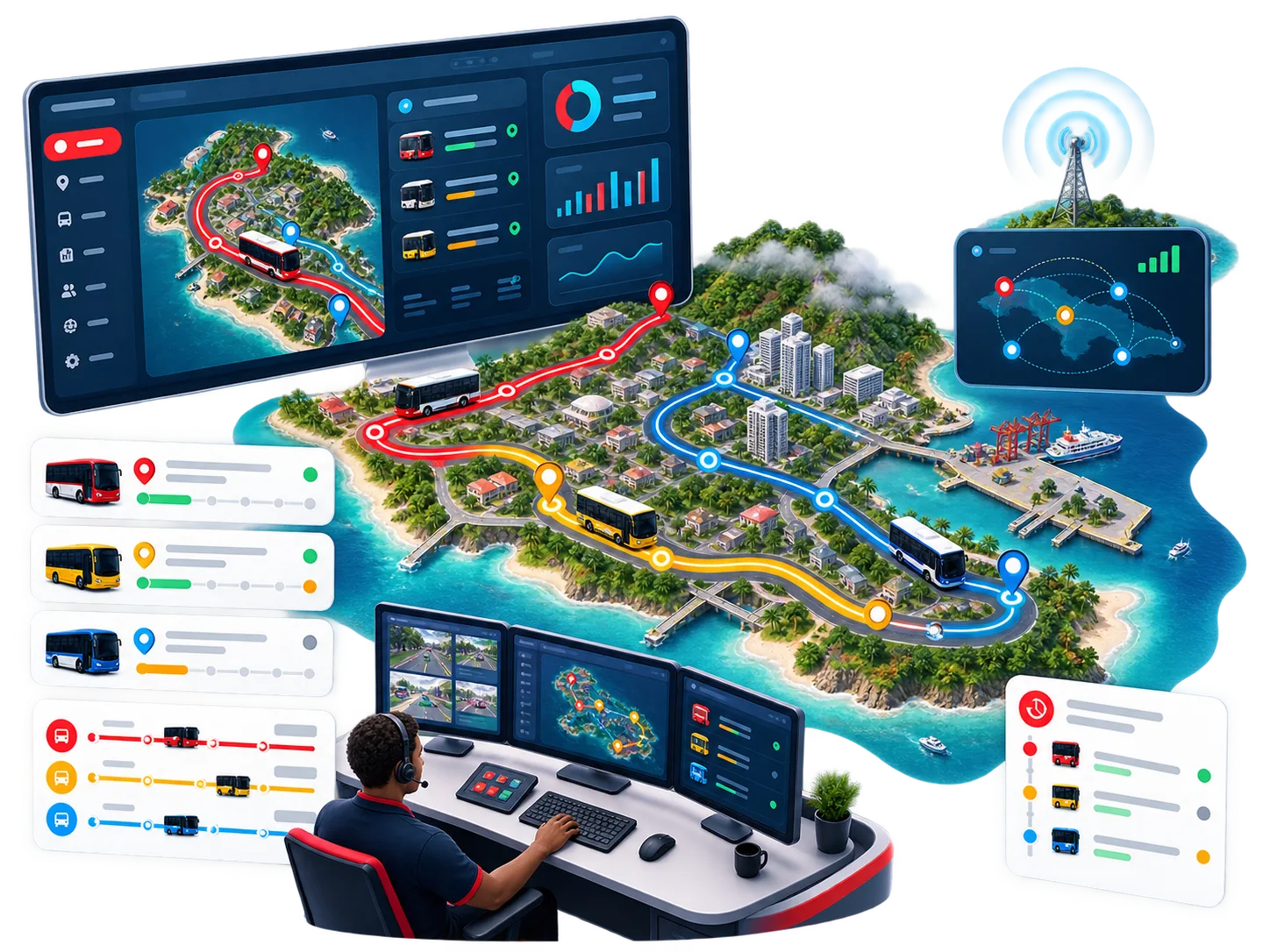 Transportation control platform coordinating buses across an island route network