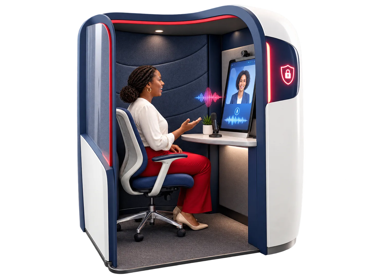 VoiceIt Privacy Pod providing private AI voice assistance in a public service environment